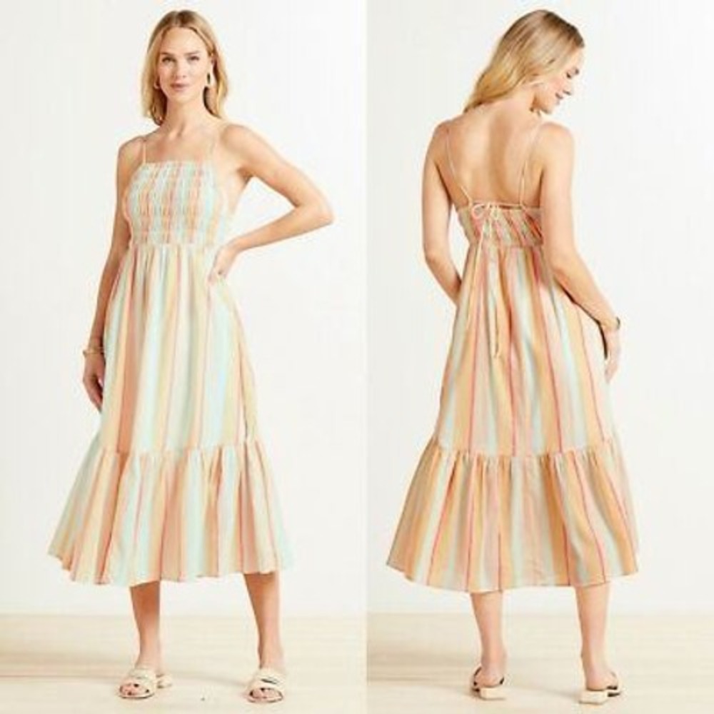 Z Supply Midi Dress Womens Small Multicolor Stripe Smocked Lace Up Tiered Boho